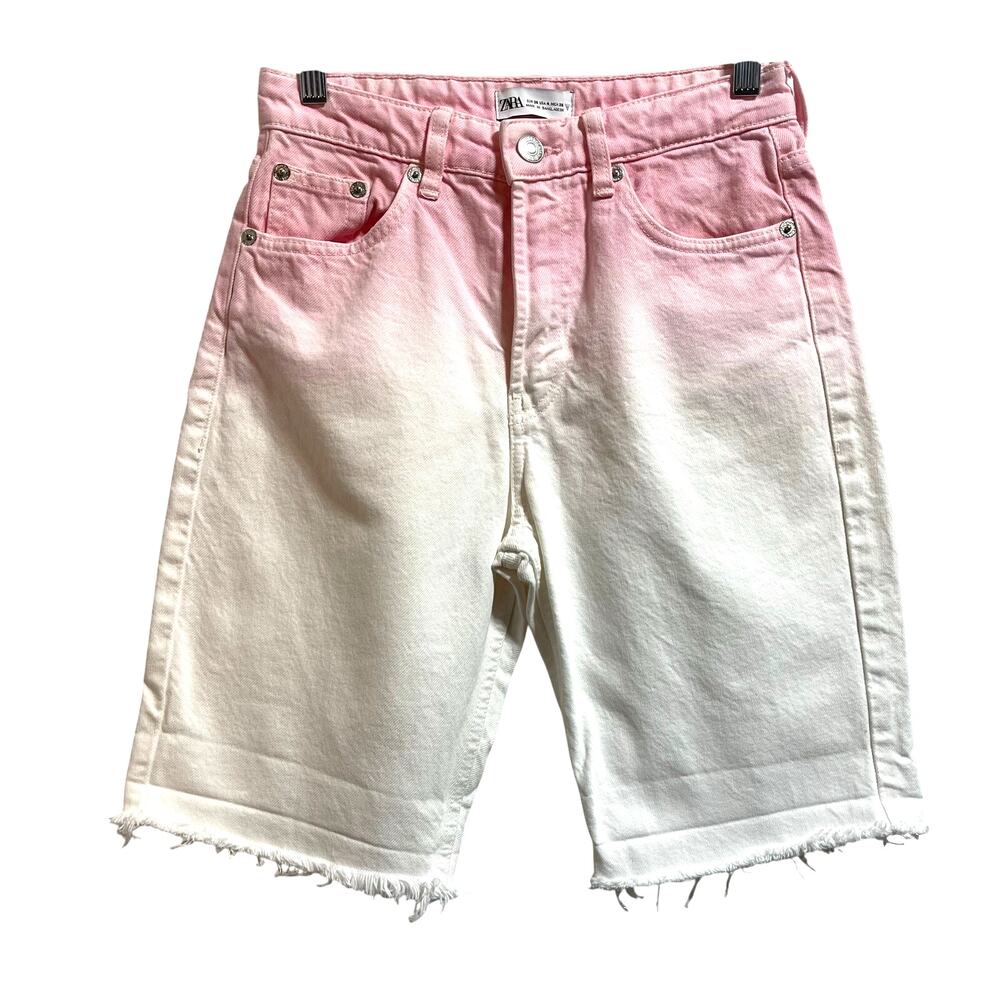Zara Ombre Pink Bermuda Frayed Denim Shorts Women's Sz 4